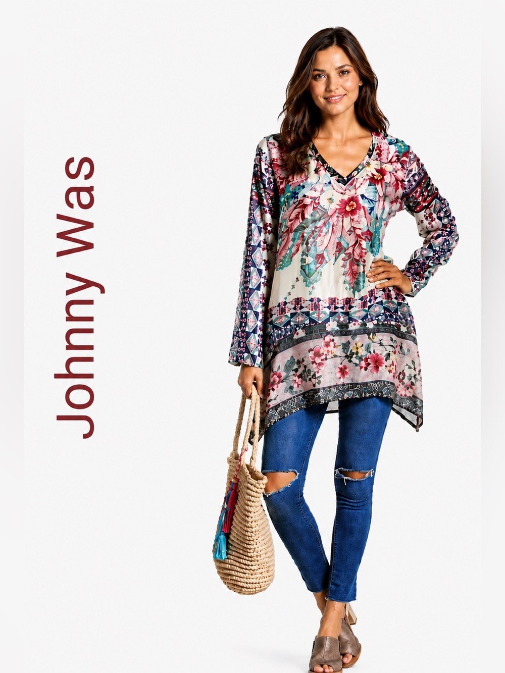 Johnny Was Tribeca Floral Print 100% Silk Tunic, Multi Size M.